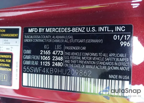 2017 Mercedes-Benz C 300 4Matic из США, поврежденный, VIN 55SWF4KB9HU209862